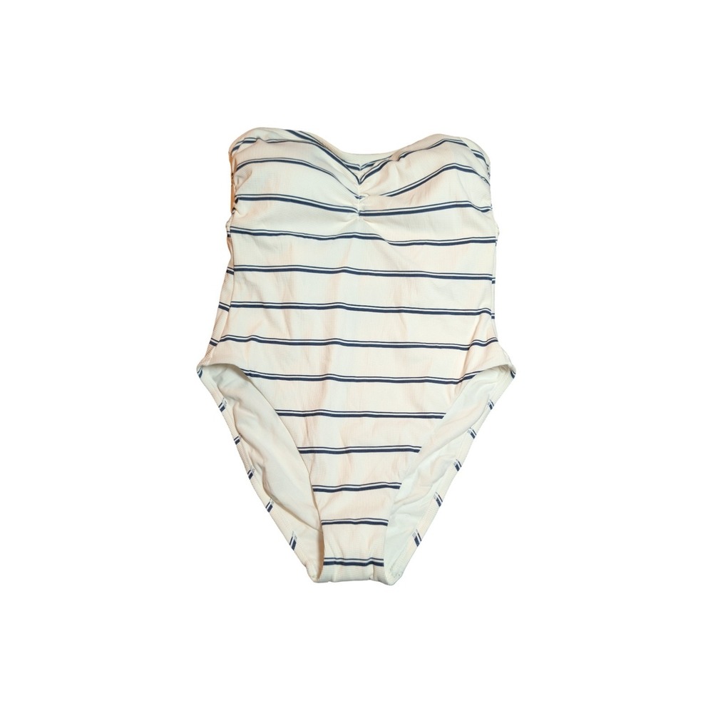 ⭐D4 Women's Striped High Leg One Piece Swimsuit Shade & Shore Cream & Navy Small